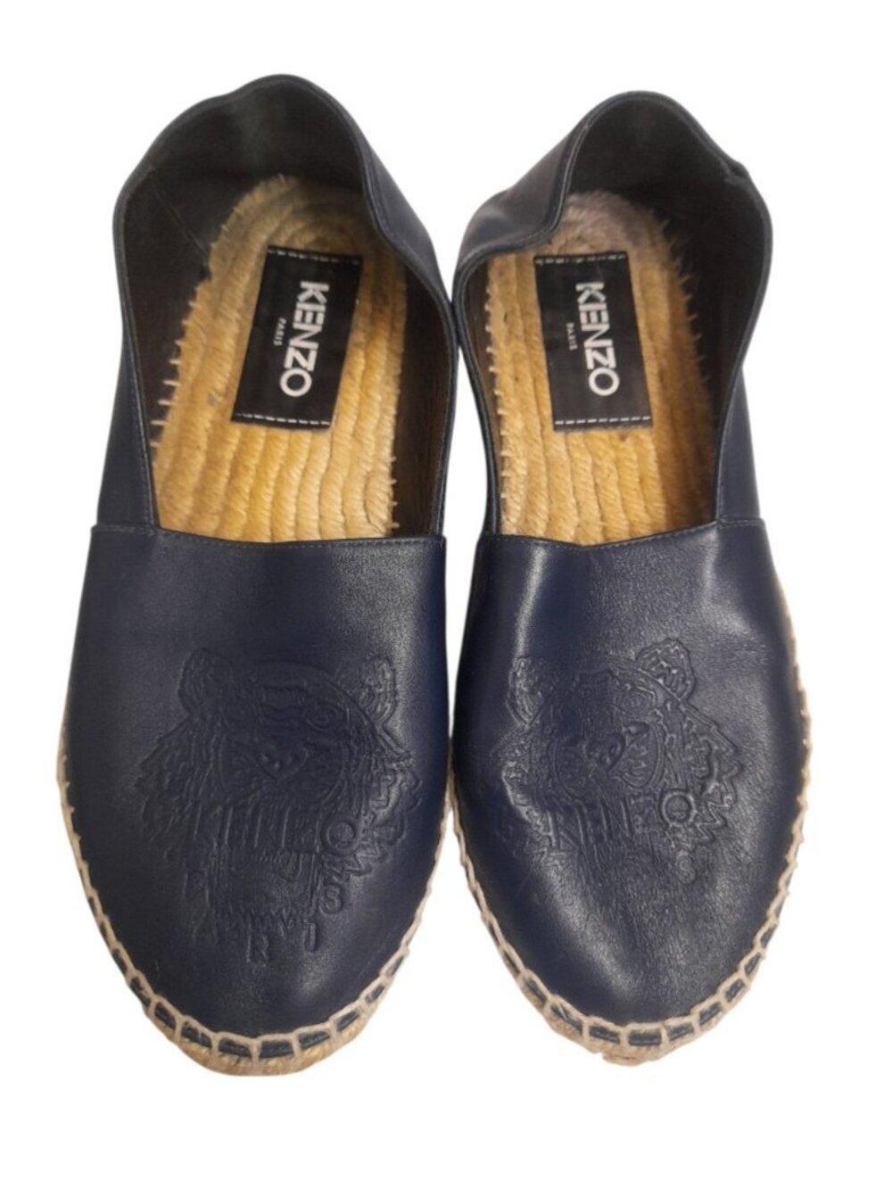 Kenzo Navy Leather Espadrille Slip-Ons with Embossed Tiger